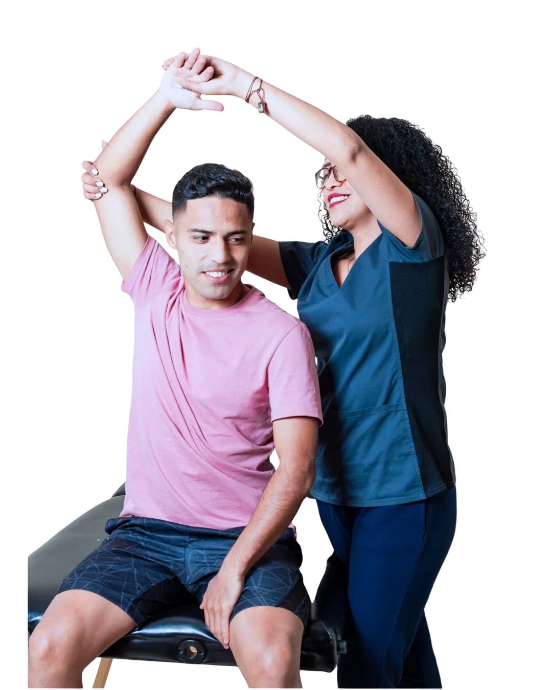 A therapist guiding a patient through a mobility exercise